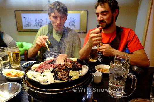 Louie & Hayden quite serious and strategic about their Genghis Khan BBQ! One of Hokkaido’s most popular dishes is Genghis Khan BBQ (Jingisukan), which consists of grilled mutton and vegetables grilled on domed iron plate, together with special Jingisukan sauce (unique to each shop). Louie & Hayden quite serious and strategic about their Genghis Khan BBQ! One of Hokkaido’s most popular dishes is Genghis Khan BBQ (Jingisukan), which consists of grilled mutton and vegetables grilled on domed iron plate, together with special Jingisukan sauce (unique to each shop).