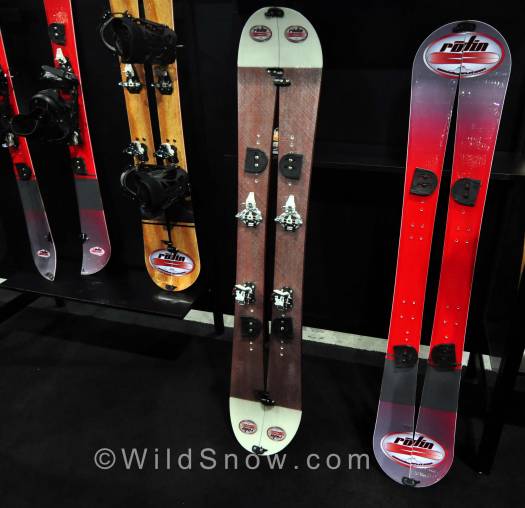 Rodin Split introduces a splitboard that can ski? Or skis that can snowboard? When split, each ski has sidecut on both edges. Dynafit bindings are used in ski mode, and Voile pucks are used in snowboard mode. Claimed to float well, despite the large gap. Rodin Split introduces a splitboard that can ski? Or skis that can snowboard? When split, each ski has sidecut on both edges. Dynafit bindings are used in ski mode, and Voile pucks are used in snowboard mode. Claimed to float well, despite the large gap.