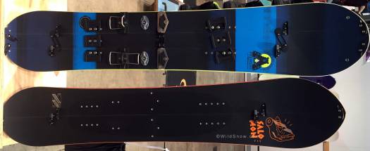 A little hard to decipher in this picture, but the board has a middle section that folds into two during tour mode. I believe the idea is for weight saving on the up. Definitely interesting. A little hard to decipher in this picture, but the board has a middle section that folds into two during tour mode. I believe the idea is for weight saving on the up. Definitely interesting.