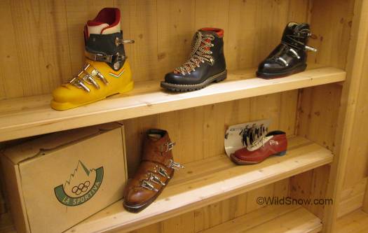 La Sportiva ski boots from the early days. Yellow plastic boot was their only injection molding product and was dropped in favor of climbing footwear. La Sportiva ski boots from the early days. Yellow plastic boot was their only injection molding product and was dropped in favor of climbing footwear.