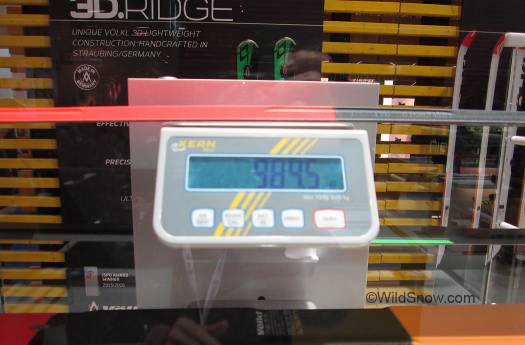 Display at the Marker Volkl ISPO booth had a bunch of scales with various skis; check out this sub kilo plank, 984 grams! Display at the Marker Volkl ISPO booth had a bunch of scales with various skis; check out this sub kilo plank, 984 grams!