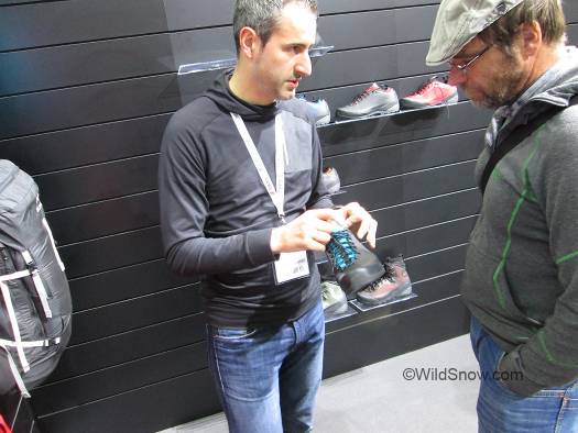 Fede showing Fritz his new walking shoe design. It's GTX, only with a removable liner. Fede showing Fritz his new walking shoe design. It's GTX, only with a removable liner.