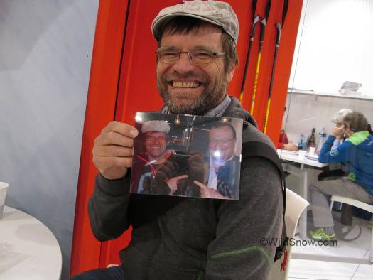 Fritz is honored everywhere he goes at the show. He's incredibly well respected for his inventing what's become the ski touring binding standard of the world. ATK owner gave him this framed photo of himself and Fritz. Fritz is honored everywhere he goes at the show. He's incredibly well respected for his inventing what's become the ski touring binding standard of the world. ATK owner gave him this framed photo of himself and Fritz.