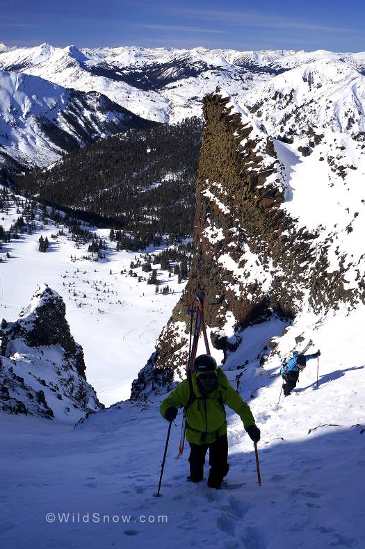 Glen and KT booting up the “Dead Goat” couloir -- interesting namesake -- Ben found a goat skeleton near here with a rope tied around its neck. Glen and KT booting up the “Dead Goat” Couloir -- interesting namesake -- Ben found a goat skeleton near here with a rope tied around its neck.