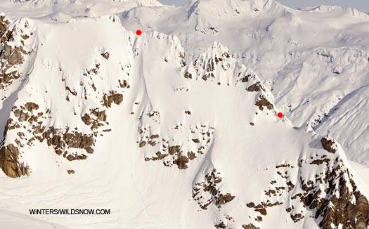 The south side of the slope that we booted up. The two red dots show our first (righthand), and second (lefthand) runs. The south side of the slope that we booted up. The two red dots show our first (righthand), and second (lefthand) runs.