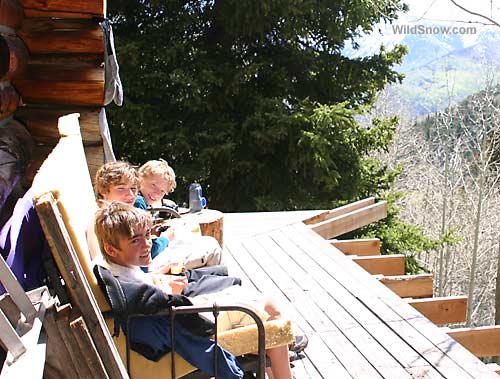 Crew on the deck, heads intact because of excellent ski snowboard snowsport helmets. Crew on the deck, heads intact because of excellent ski snowboard snowsport helmets.