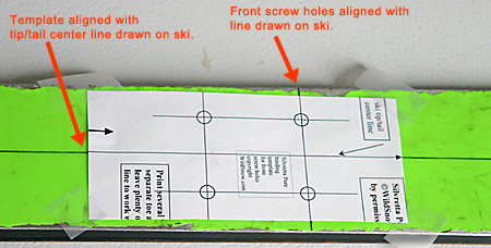 Front portion of paper template on ski. Template has been cut so it's slightly narrower than ski, but long enough to show plenty of the left/right center location line. Front portion of paper template on ski. Template has been cut so it's slightly narrower than ski, but long enough to show plenty of the left/right center location line.