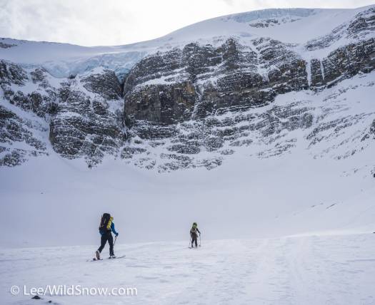 A large cirque at the head of the valley shows the flanks of the Vulture Glacier and British Columbia. A short gully around the corner leads easily to the Bow Hut. A large cirque at the head of the valley shows the flanks of the Vulture Glacier and British Columbia. A short gully around the corner leads easily to the Bow Hut.