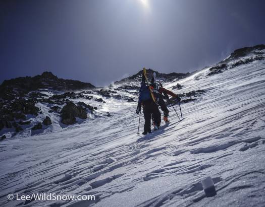 A proper boot-pack led us to the end of the deep-enough-to-ski snow a couple hundred vertical feet from the summit. A proper boot-pack led us to the end of the deep-enough-to-ski snow a couple hundred vertical feet from the summit.