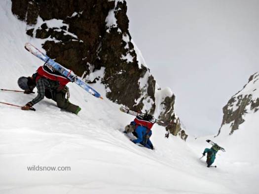 Booting up a short couloir, in one of many rolling white-outs last Sunday. Booting up a short couloir, in one of many rolling white-outs last Sunday.