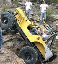Rumble Bee is slightly under-built for the most extreme rock crawling, but where is the fun in that? This is Lou testing the latest build of the Bee in Billings Canyon, near Grand Junction, Colorado. We bent the rear springs and broke the rear Lockright locker, since replaced the springs with a slightly stronger springpack, controlled by a traction bar, and replaced the Lockright with a Detroit Locker. All tested recently in Moab and given a clean bill of health.