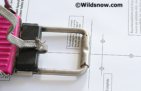 Locate rear template by lining up with rear of binding frame/plate as shown here. To do so, use a corner of a square piece of paper or cardboard, set edge of this on on template and use as square to get the line in the exact spot. Locate rear template by lining up with rear of binding frame/plate as shown here. To do so, use a corner of a square piece of paper or cardboard, set edge of this on on template and use as square to get the line in the exact spot.