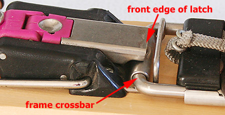 With correctly mounted rear unit, front edge of latch will be located just forward of the center of the frame's rear crossbar. With correctly mounted rear unit, front edge of latch will be located just forward of the center of the frame's rear crossbar.