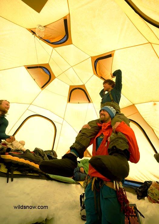 One drawback: The tent is so tall with our dug-out kitchen that there's only one method to close the upper vents. The Glacier Bay Circus!