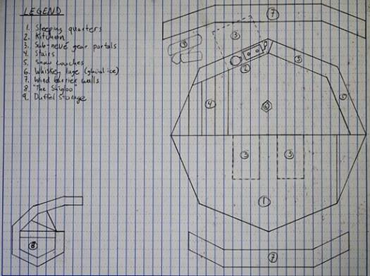 The floor plan of our glacial castle. Here's the key: 1: Sleeping quarters. 2: Kitchen 3: Sub-neve gear portals 4: Stairs 5: Snow couches 6: Glacial ice whiskey luge (homemade) 7: Wind wall fortifications 8: the 'Shigloo' 9: duffel/extra food storage
