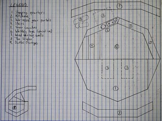 The floor plan of our glacial castle. Here's the key: 1: Sleeping quarters. 2: Kitchen 3: Sub-neve gear portals 4: Stairs 5: Snow couches 6: Glacial ice whiskey luge (homemade) 7: Wind wall fortifications 8: the 'Shigloo' 9: duffel/extra food storage The floor plan of our glacial castle. Here's the key: 1: Sleeping quarters. 2: Kitchen 3: Sub-neve gear portals 4: Stairs 5: Snow couches 6: Glacial ice whiskey luge (homemade) 7: Wind wall fortifications 8: the 'Shigloo' 9: duffel/extra food storage