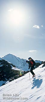 Author skiing from Continental Divide, Deer Mountain in background. Author skiing from Continental Divide, Deer Mountain in background.