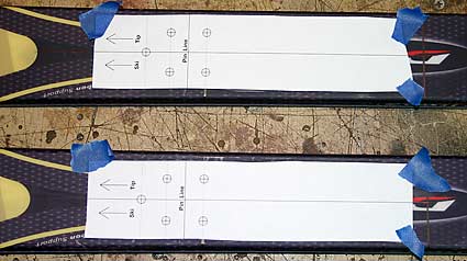 Toe portion of template taped to ski, ready for center punching the screw hole locations. Toe portion of template taped to ski, ready for center punching the screw hole locations.