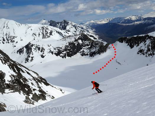 Tor took us down a different route than the up; red line is a small re-skin we did to climb up out of the cirque and return to trailhead. Tor took us down a different route than the up; red line is a small re-skin we did to climb up out of the cirque and return to trailhead.