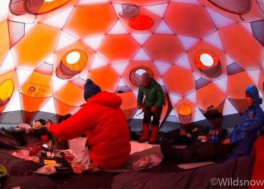 Cooking breakfast in the new dome tent from Mountain Hardwear.