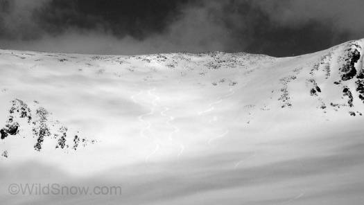 First turns of the day were down just a few hundred meters to a flat glacier. First turns of the day were down just a few hundred meters to a flat glacier.