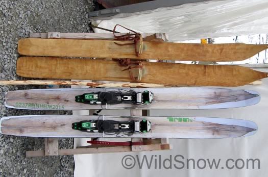 Replica skis at top, and the 'Prog' brand skis at the bottom with ancient dimensions as well as a graphic from one of Norway's oldest discovered skis. Replica skis at top, and the 'Prog' brand skis at the bottom with ancient dimensions as well as a graphic from one of Norways oldest discovered skis.