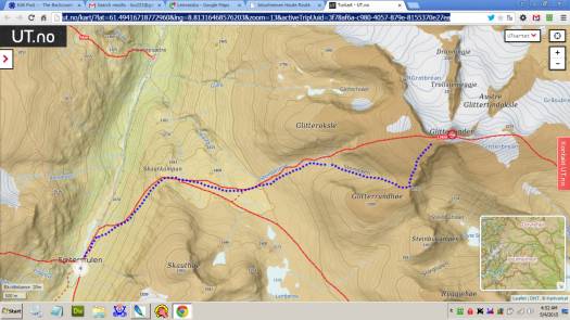 Glittertinden from Spiterstulen, our skiing route marked with purple dotted line. Glittertinden from Spiterstulen, our skiing route marked with purple dotted line.