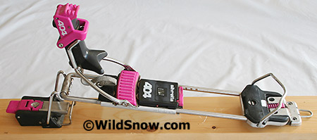 Produced in a variety of colors including this scary pink, Silvretta 404 dominated the alpine touring binding market from around 1993 to 1998 and is still in use worldwide. It is readily available on the used market and makes an excellent approach binding for use with mountaineering boots (to prevent injury with such use we recommend not latching your heels down as softer climbing boots will not reliably actuate the safety release.) 