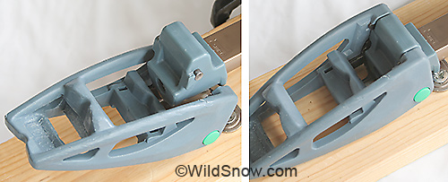 Heel latch/elevator detail. Unlatched position shown to left provides a nice heel-flat-on-ski mode that's good for touring low angled terrain. Photo to left shows the unit in latched position ready for downhill skiing. Heel latch/elevator detail. Unlatched position shown to left provides a nice heel-flat-on-ski mode that's good for touring low angled terrain. Photo to left shows the unit in latched position ready for downhill skiing.