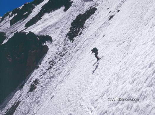 Bruce on one of the steeper sections. In those days we did crazy little hop turns on 189 cm skinny sticks about 60 mm wide. Bruce on one of the steeper sections. In those days we did crazy little hop turns on 189 cm skinny sticks about 60 mm wide.