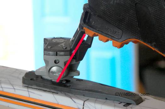 Dynafit Vertical series bindings had a heel lifter with a pretty much straighter line of force that did not unduly work the top plate. Dynafit Vertical series bindings had a heel lifter with a pretty much straighter line of force that did not unduly work the top plate.