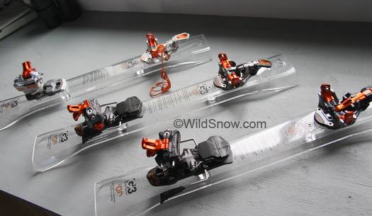 ION ski touring bindings for 2015-2016, left to right LT12, ION 10, ION 12. Note red toe springs on ION 10, and plastic heel unit top on models 10-12. ION ski touring bindings for 2015-2016, left to right LT12, ION 10, ION 12. Note red toe springs on ION 10, and plastic heel unit top on models 10-12.