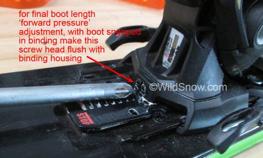 Final adjustment of Kingpin ski touring binding for boot length is done by turning adjustment screw until screw head is flush with binding housing. Final adjustment of Kingpin ski touring binding for boot length is done by turning adjustment screw until screw head is flush with binding housing.