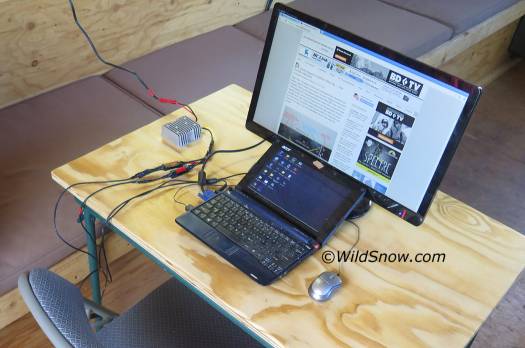 Final configuration using 8 amp buck voltage converter to power both laptop and monitor, drawing 3.5 amps. Final configuration using 8 amp buck voltage converter to power both laptop and monitor, drawing 3.5 amps.