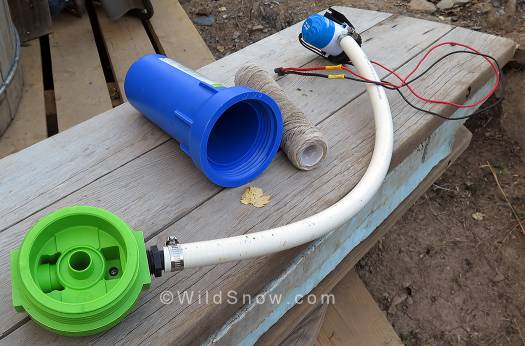 Sump style water filter and bilge pump (upper right).