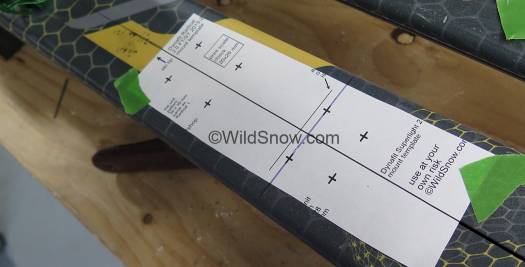 Template on ski, with hole positions matched up. Template on ski, with hole positions matched up.