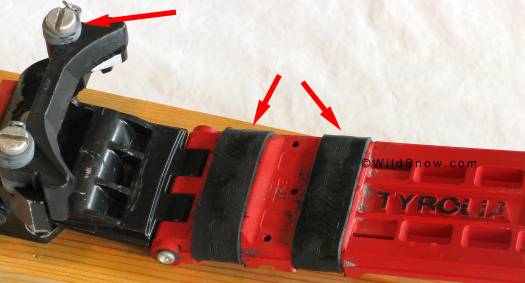 Toe height is adjusted by adding or removing washers indicated by upper left arrow. (An earlier plate binding which we believe was called "Vinerssa" or might have been an early model Iser had a similar toe height adjustment. We seek that binding for the collection.) Toe height is adjusted by adding or removing washers indicated by upper left arrow. (An earlier plate binding which we believe was called "Vinerssa" or might have been an early model Iser had a similar toe height adjustment. We seek that binding for the collection.)