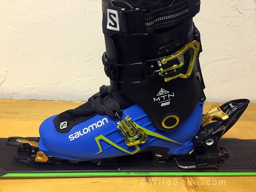 Marker Kingpin alpine style heel holding the boot to the ski. 