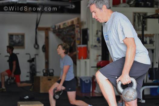 Step ups, while holding kettlebells, build strength and coordination. Great work for booting couloirs. Step ups, while holding kettlebells, build strength and coordination. Great work for booting couloirs.
