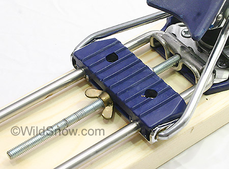 Length adjustment detail. You simply rotate the wingnut on the threaded rod. Notice how the heel unit has no side (lateral) release such as that of most Silvretta backcountry skiing bindings. Length adjustment detail. You simply rotate the wingnut on the threaded rod. Notice how the heel unit has no side (lateral) release such as that of most Silvretta backcountry skiing bindings.