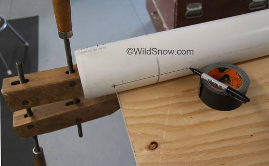 To place machine screws for centering core, draw a triad of straight lines on the shell, using workbench as a guide simply slide marker along on a spacer, in this case I set the marker on my roll of tape. To place machine screws for centering core, draw a triad of straight lines on the shell, using workbench as a guide simply slide marker along on a spacer, in this case I set the marker on my roll of tape.