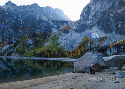 WildsnowEdit (2 of 12) Hiking around Colchuck Lake. I've never seen it this low. You can see the normal water level line just at the top of the rock above Phil.