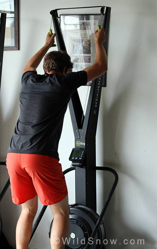 The "ski erg" simulates double-pole technique from Nordic skiing, but really...it's just a way to get your heart rate up. Way up. The "ski erg" simulates double-pole technique from Nordic skiing, but really...it's just a way to get your heart rate up. Way up.