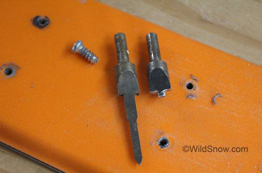 The solution: cutter at right made from old countersink, shown on left before modification. The solution: cutter at right made from old countersink, shown on left before modification.