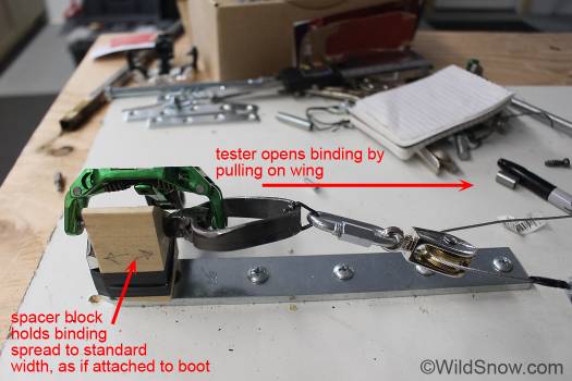Latest version of test, reflected in spreadsheet above, pulls binding toe wings apart without using the faux boot sole. Latest version of test, reflected in spreadsheet above, pulls binding toe wings apart without using the faux boot sole.
