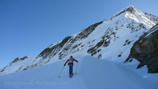 Adam Fabrikant making his way towards our objective. We wanted to climb the face directly ahead and to the right, but after climbing it we found conditions too firm so we opted to ski the NW "Ramp" route which is on the ridgeline. Adam Fabrikant making his way towards our objective. We wanted to climb the face directly ahead and to the right, but after climbing it we found conditions too firm so we opted to ski the NW "Ramp" route which is on the ridgeline.