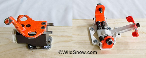 This is the third generation production Low Tech (soon to become Dynafit) binding, distributed in the early to mid 1990s. These were somewhat of a cult binding back then. Inventor Fritz Barthel and his friends built the things mostly by hand, and you had to be a fairly "bleeding edge" gear junkie to use them. Nonetheless, they started to catch on and soon Dynafit picked up the license to manufacture the binding and push the backcountry skiing world a quantum leap ahead. Complete early Low Tech binding, third generation, circa 1995.
