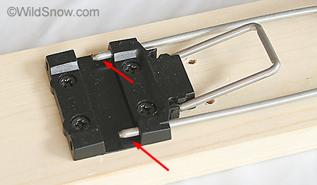 To change between touring and downhill with latched heel, these pins slide in and out of holes in the bottom of the binding plate. The same system is used on Emery's other model binding from the same period. Video below shows how it works. To change between touring and downhill with latched heel, these pins slide in and out of holes in the bottom of the binding plate. The same system is used on Emery's other model binding from the same period. Video below shows how it works.