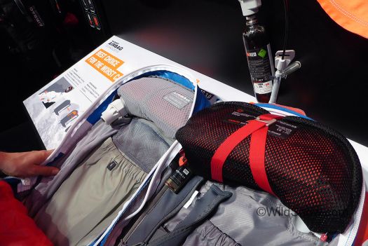 Mammut packs with guts exposed. The system is easily swapped between bags, you can end up with a 4 pound airbag backpack that'll work for most ski tours. The 20 liter model rucksack only weighs 1.5 kilos, 3.3 pounds. (weights with carbon cylinder, alu cylinder adds about 350 grams.) We are in trouble for not sending our samples back. I've mentioned before that changes in the airbag rucksack space are coming rapid-fire. It is nearly impossible to shop without hesitating, wondering what's coming next year! Mammut packs with guts exposed. The system is easily swapped between bags, you can end up with a 4 pound airbag backpack that'll work for most ski tours. The 20 liter model rucksack only weighs 1.5 kilos, 3.3 pounds. (weights with carbon cylinder, alu cylinder adds about 350 grams.) We are in trouble for not sending our samples back. I've mentioned before that changes in the airbag rucksack space are coming rapid-fire. It is nearly impossible to shop without hesitating, wondering what's coming next year!