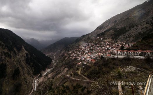 One of the many steep valleys of the Greek mountains. This incredible village is often very near snow.